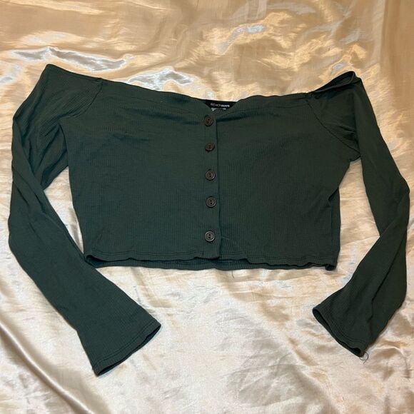Dark Green Off-Shoulder Buttoned Top - Picture 1 of 3